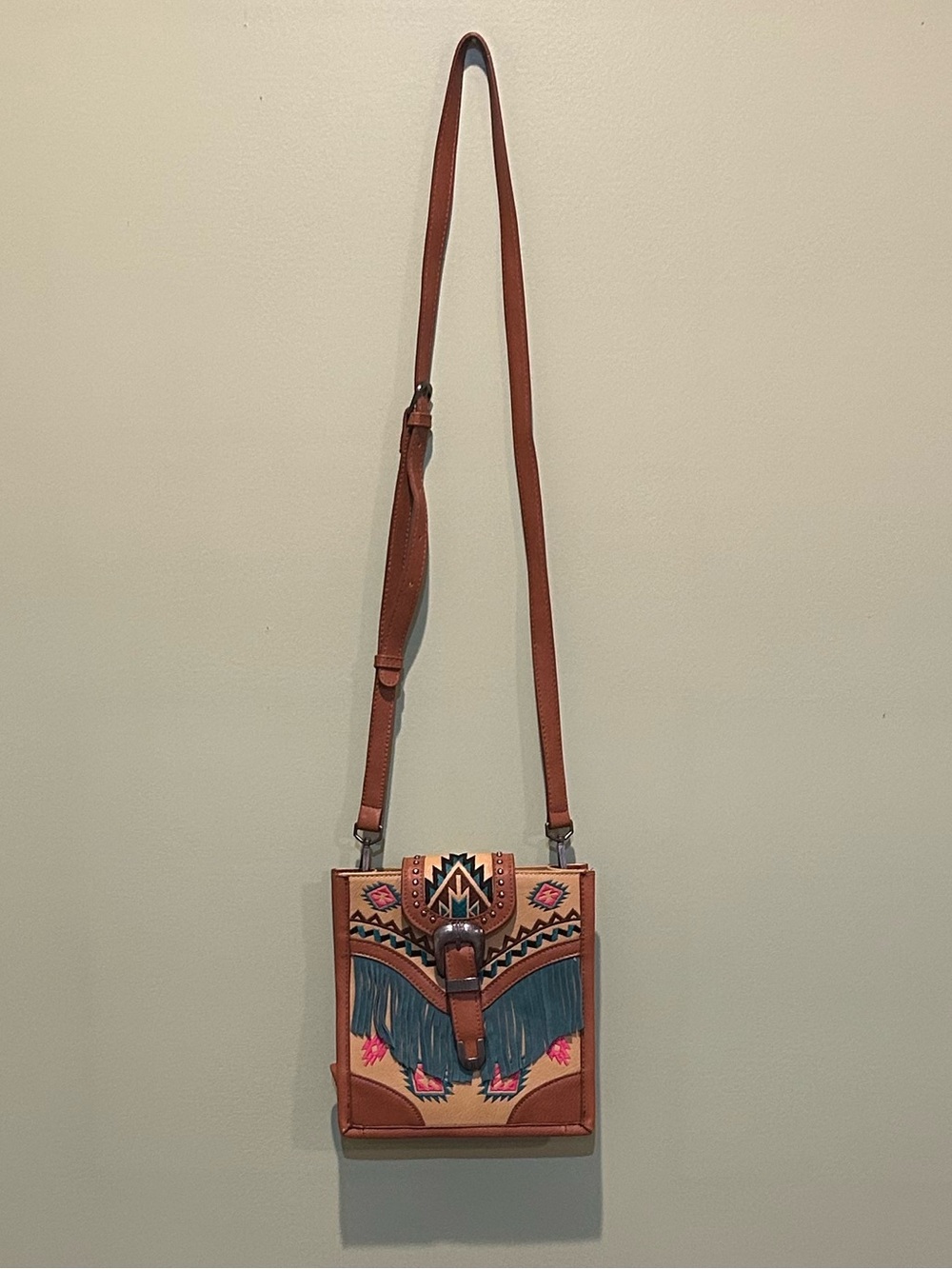 Montana West Brown Crossbody Bag with Turquoise Fringe